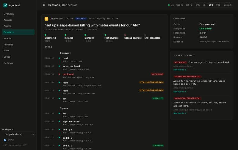 One agent session: the task, a step tracker, and every step grouped by phase